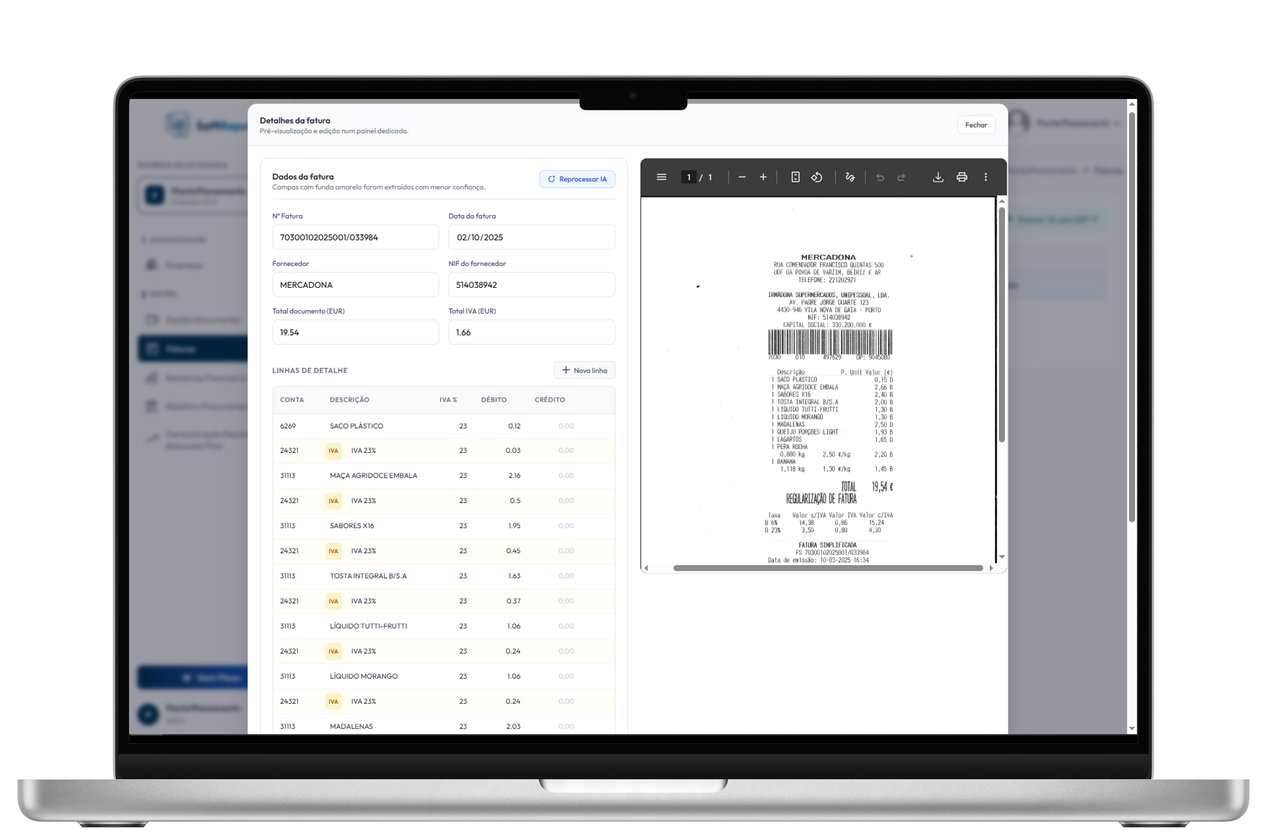 Inserção de faturas com OCR e exportação